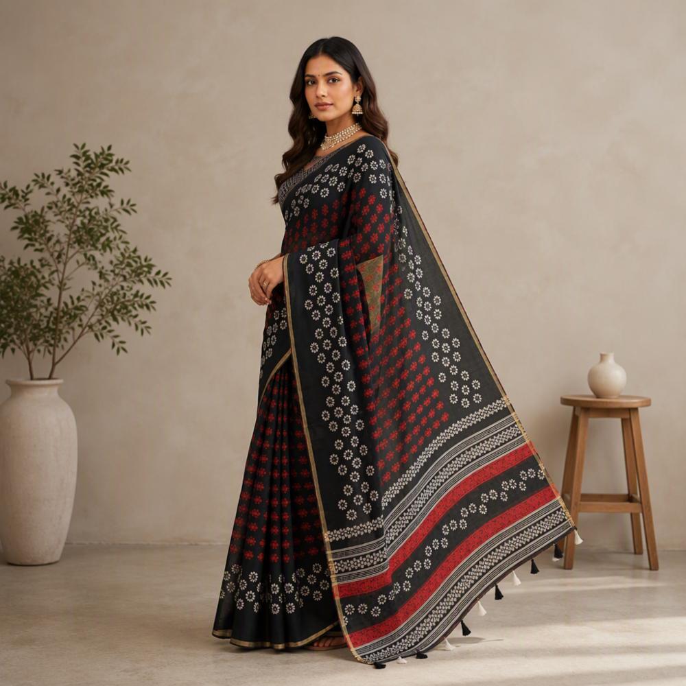 Premium Linen Cotton Saree with Geometric & Floral Print