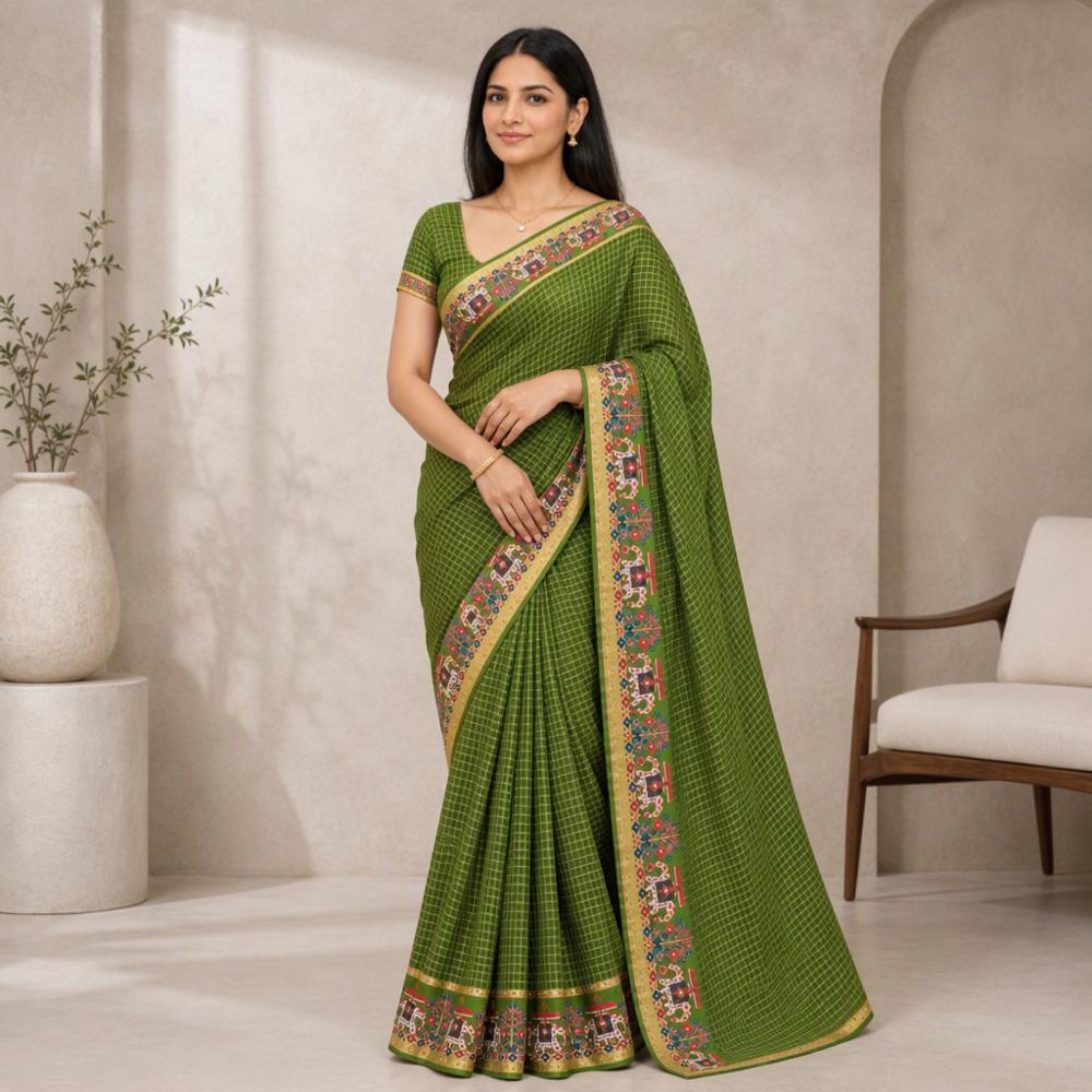 Viscose Saree with Checkered 3D Digital Print and Golden Zari Border