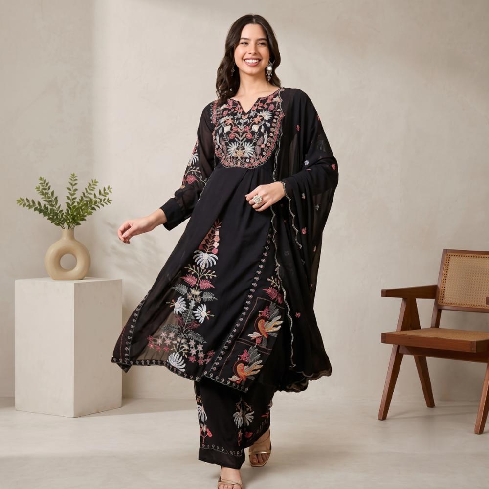Black Georgette Embroidered Kurta Set with Palazzo and Dupatta