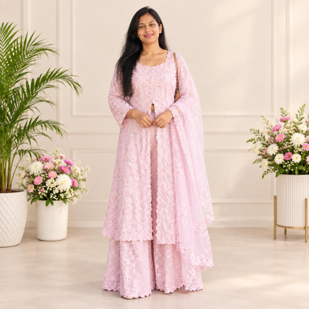 Pink Net Embroidered Anarkali Sharara Set with Dupatta