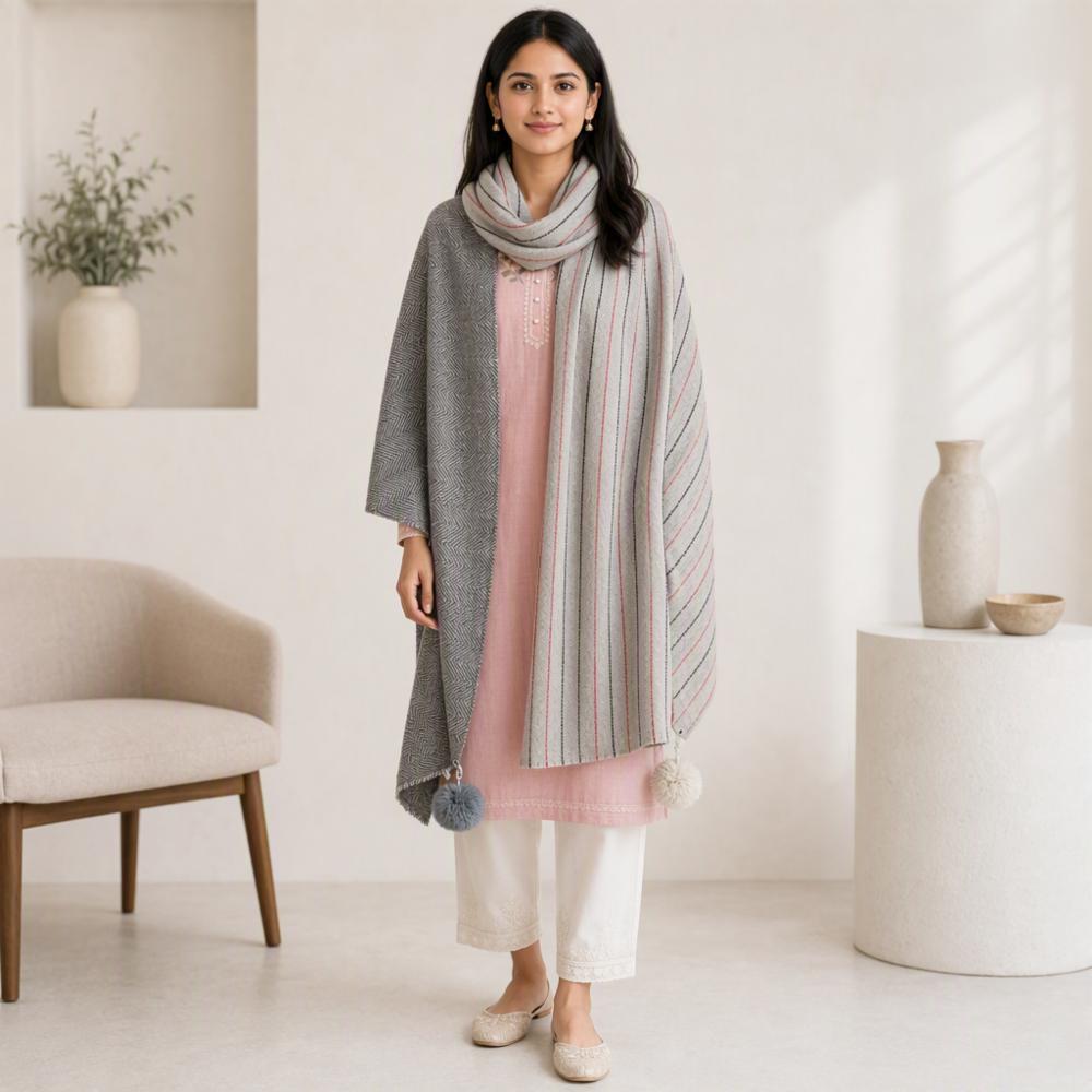 Pashmina Wool Thread Short Shawl with Tassels & Pom Poms