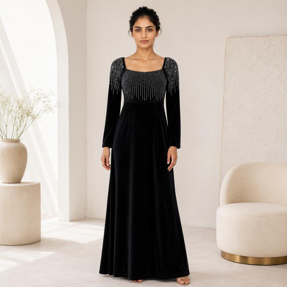 Black Velvet Dress with Silver Stone Embellishment