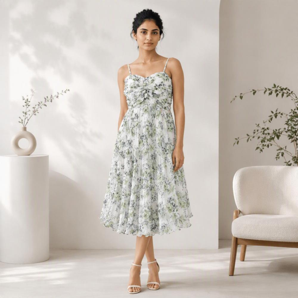 Floral Printed Ruched Front Short Dress Chiffon Green White