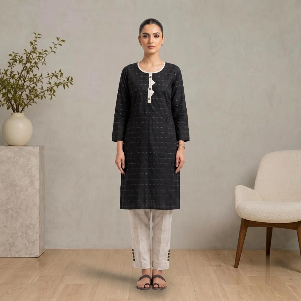 Black Khadi Cotton Kurta and White Pant Set