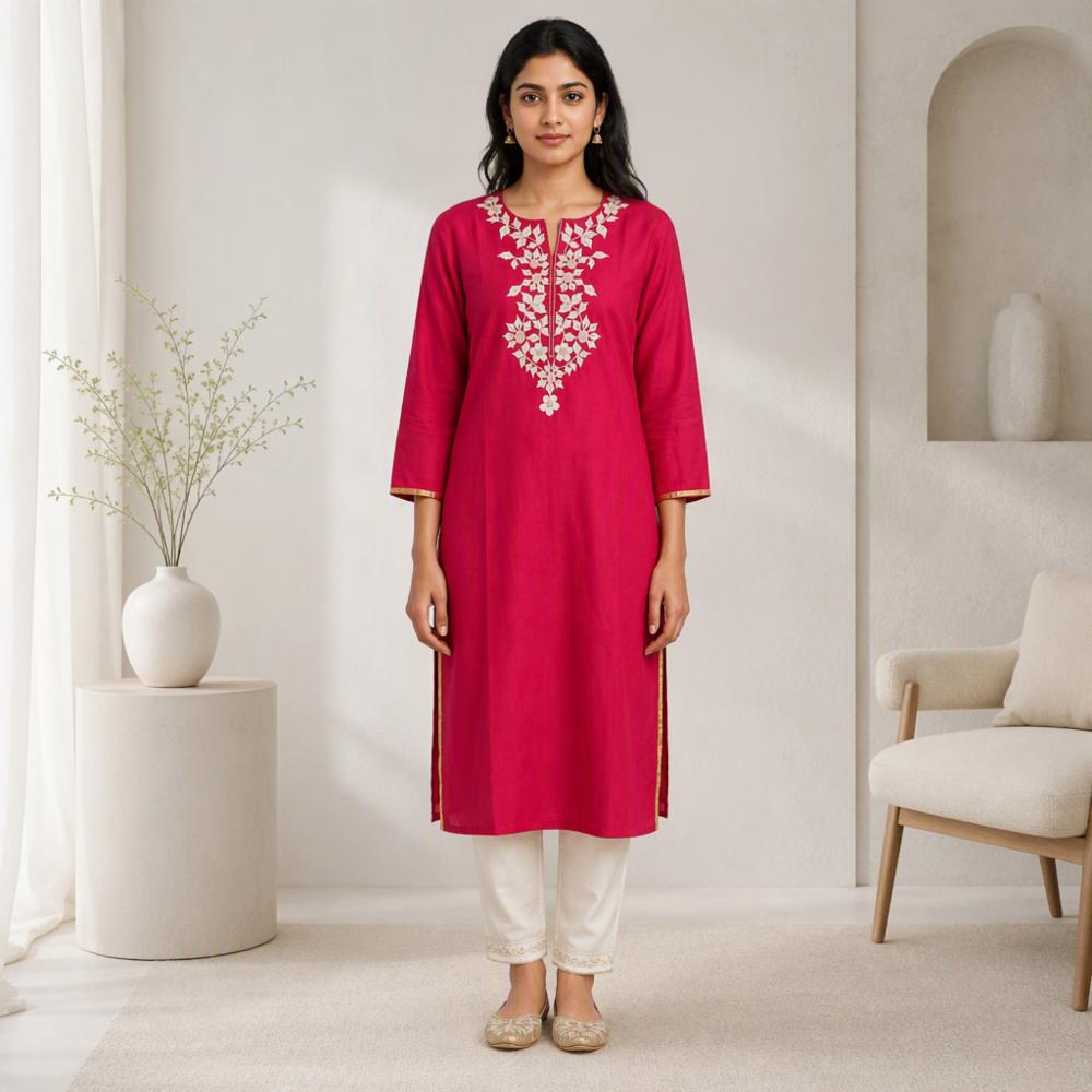 Rani Pink Festive Cotton Kurti