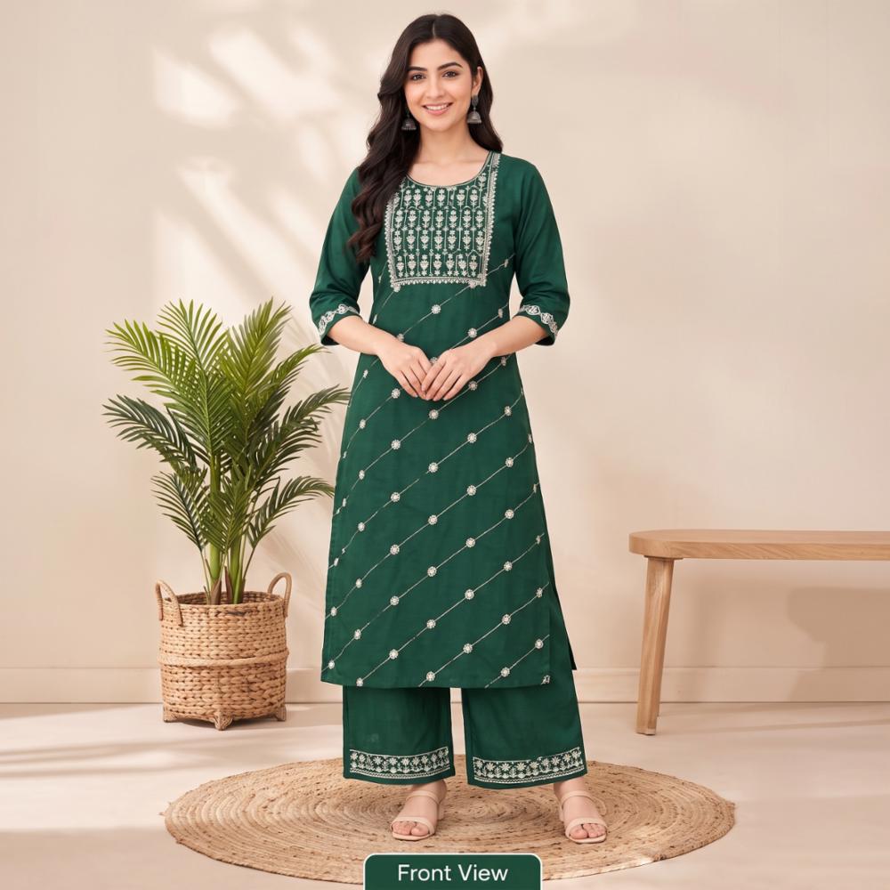 Women's Dark Green Kurti Palazzo Set with White Floral Embroidery