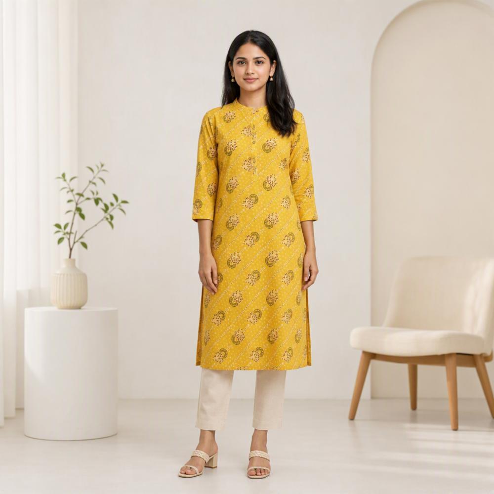 Pure Cotton Rayon Floral Bandhani Print Straight Kurti