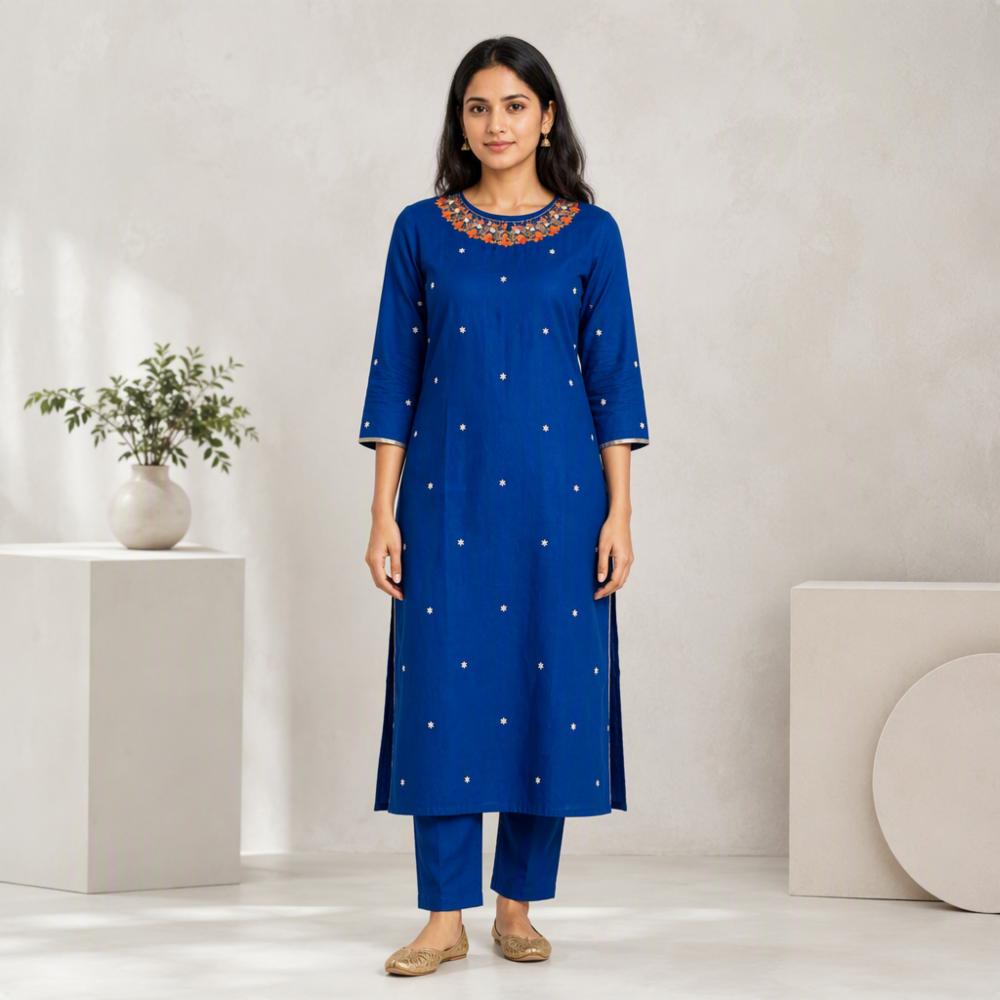 Dark Blue Festive Silk Cotton Kurta with Embroidery and Moti Work