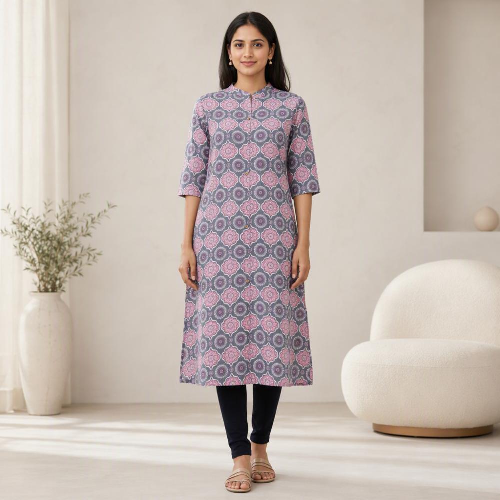 Womenâs Daily Wear Printed Cotton Kurti with Collar Neck