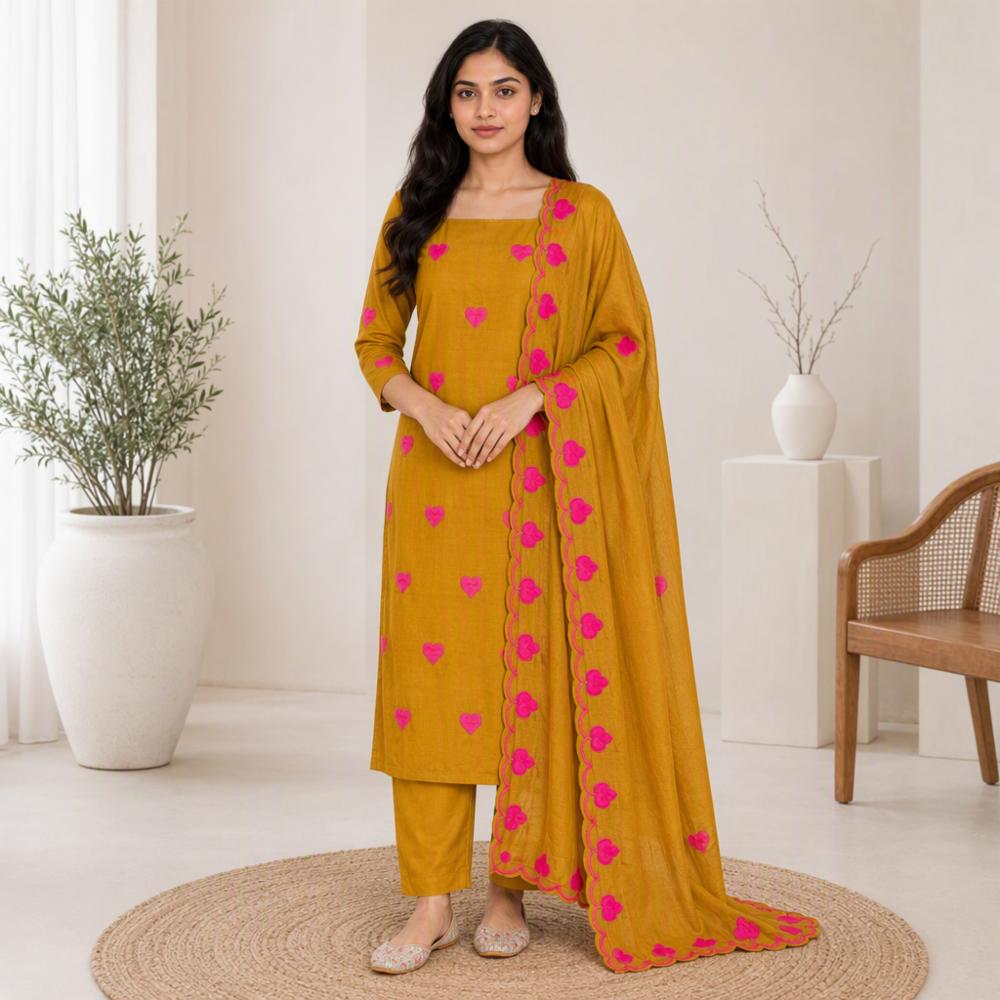 Jam Cotton Unstitched Suit Material with Heart Embroidery