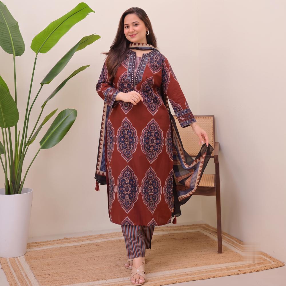 Women's - Cotton 60X60 Sequin Work 3-Piece Suit Set (Kurti, Plazo, Dupatta)