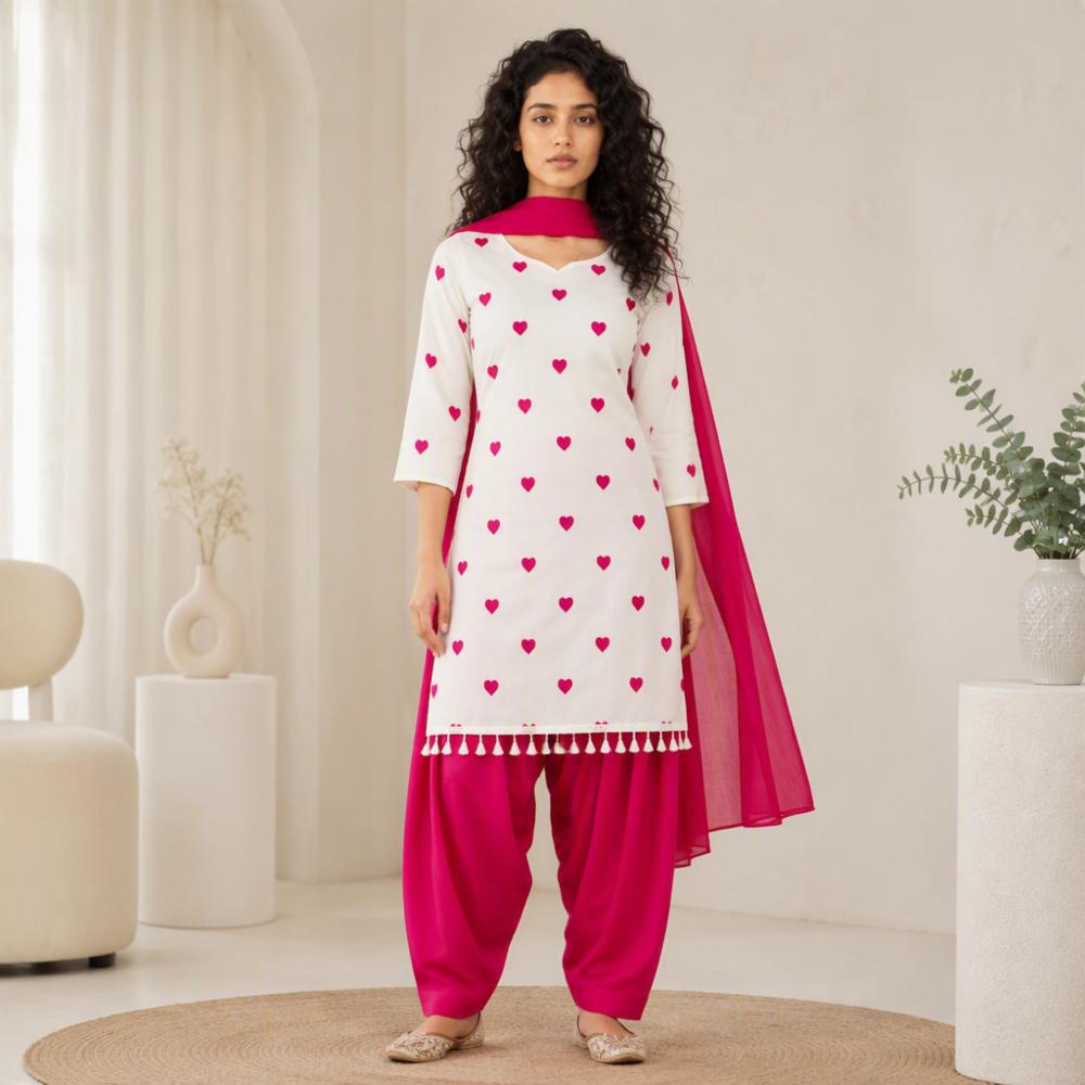 Women Cotton 60X60 Embroidery Kurta with Farsi Salwar and Dupatta
