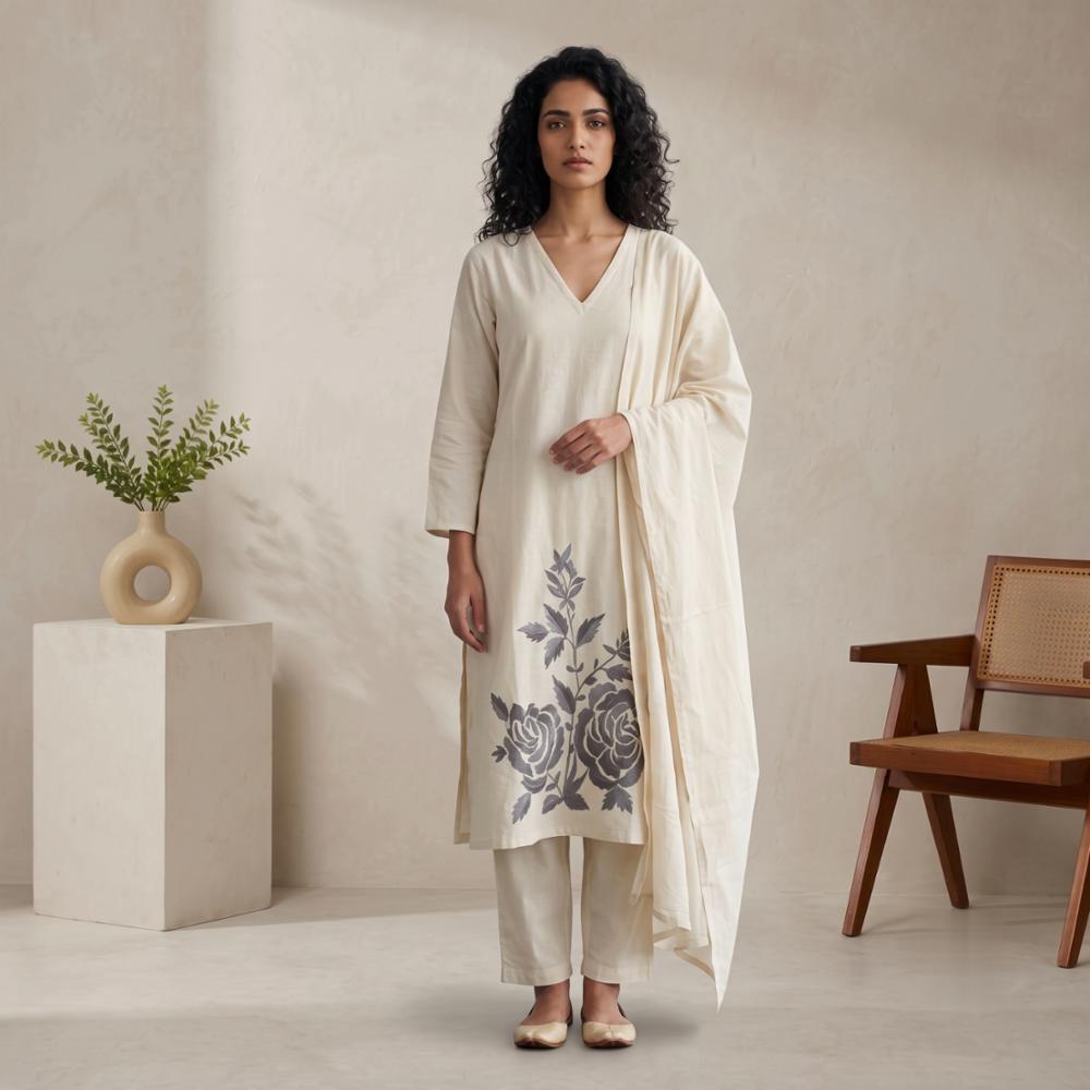 Women Cotton 60x60 Embroidery Kurta with Pant and Dupatta