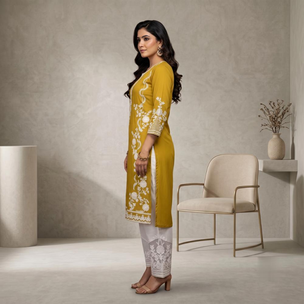 Mustard Yellow Georgette Embroidered Kurti with White Pants Set
