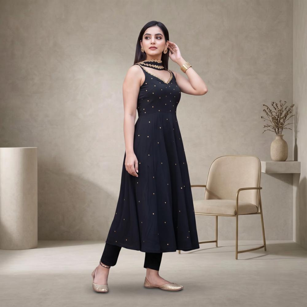 Black Georgette Sleeveless Foil Printed Kurti with Palazzo and Scalloped Dupatta Set