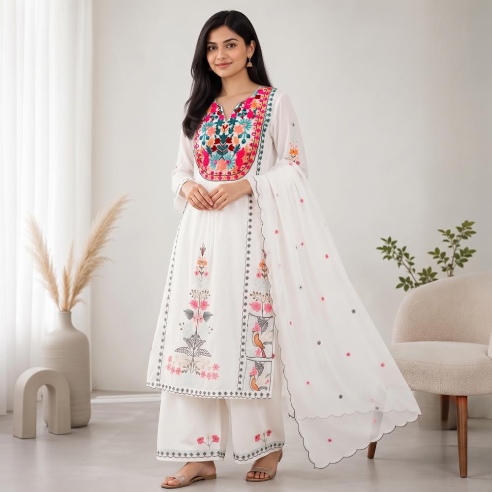 White Georgette Floral Embroidered Anarkali Kurti Palazzo Dupatta Set