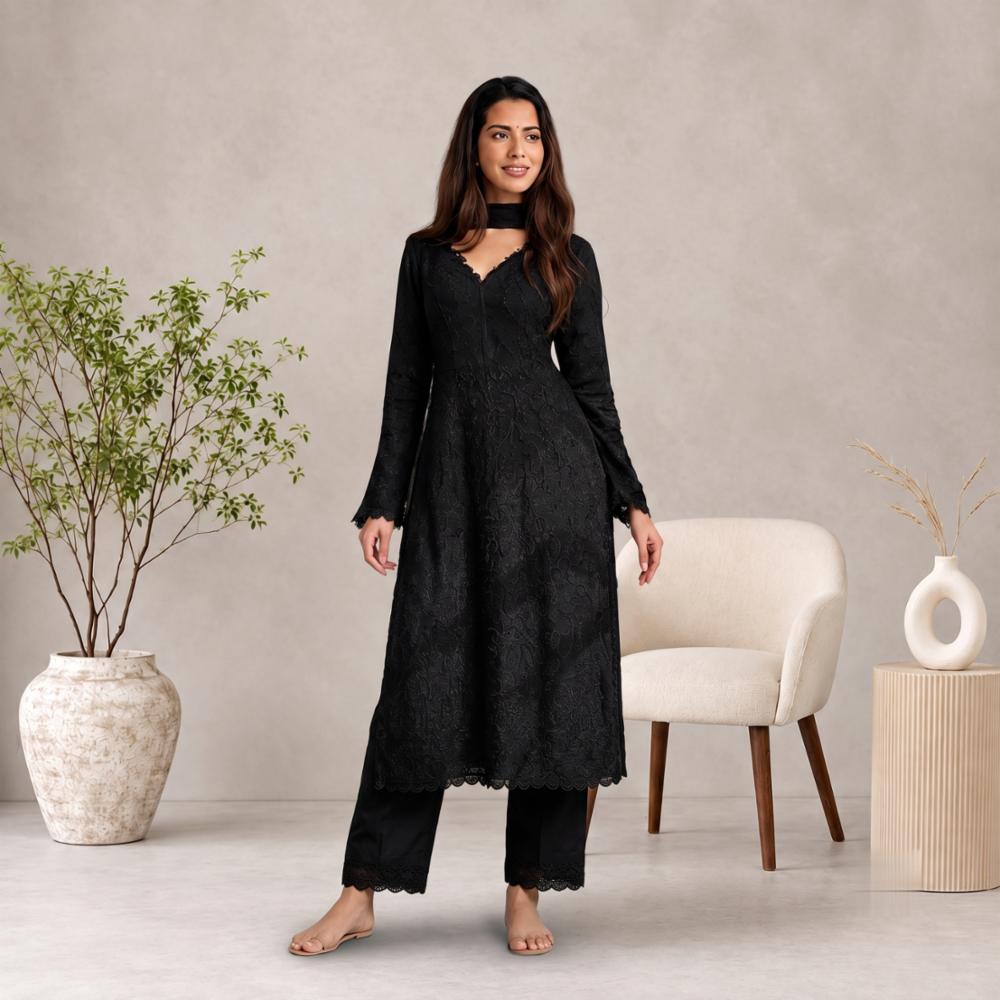 Black Georgette Chikankari Embroidered Kurti with Pants and Dupatta Set
