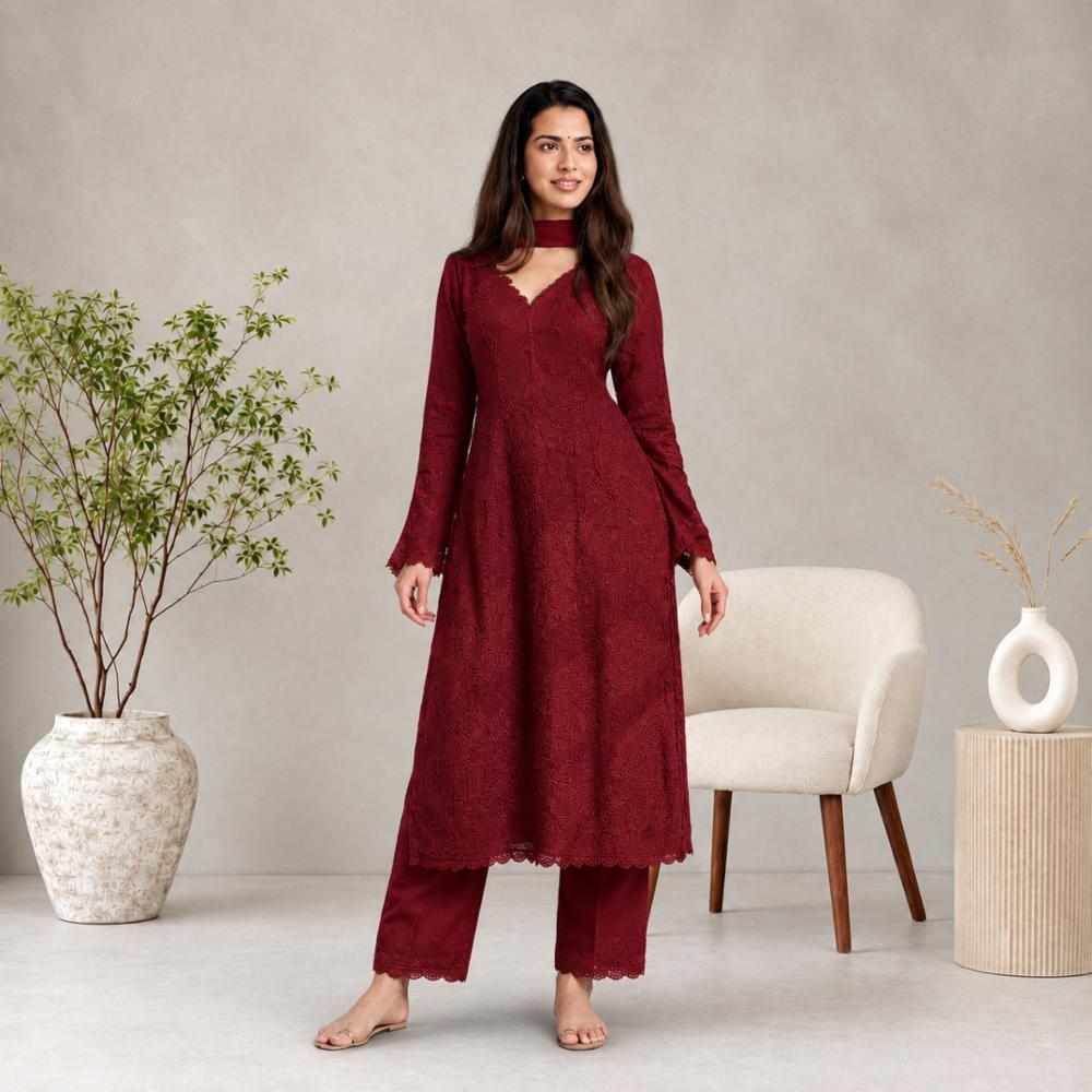 Red Georgette Embroidered Kurti with Pants and Dupatta Set