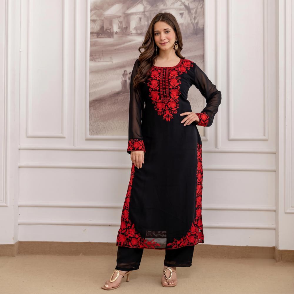 Black Georgette Kurti Set with Red Thread Embroidery, Pants, and Dupatta