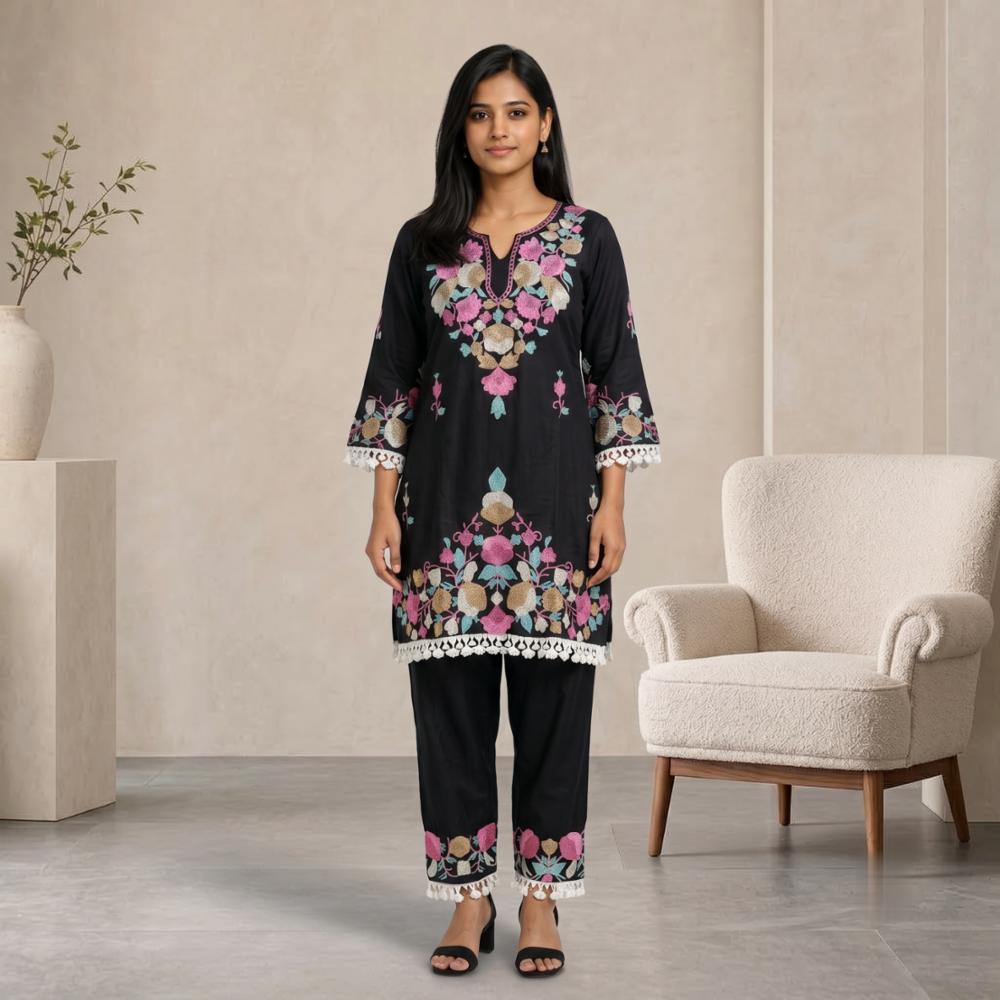 Black Rayon Kurti with Pink Floral Thread Embroidery and Matching Pant Set