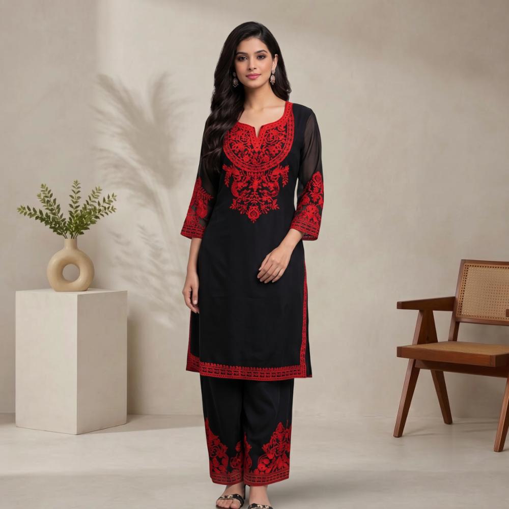 Black Georgette Kurti with Red Thread Embroidery and Matching Pant Set
