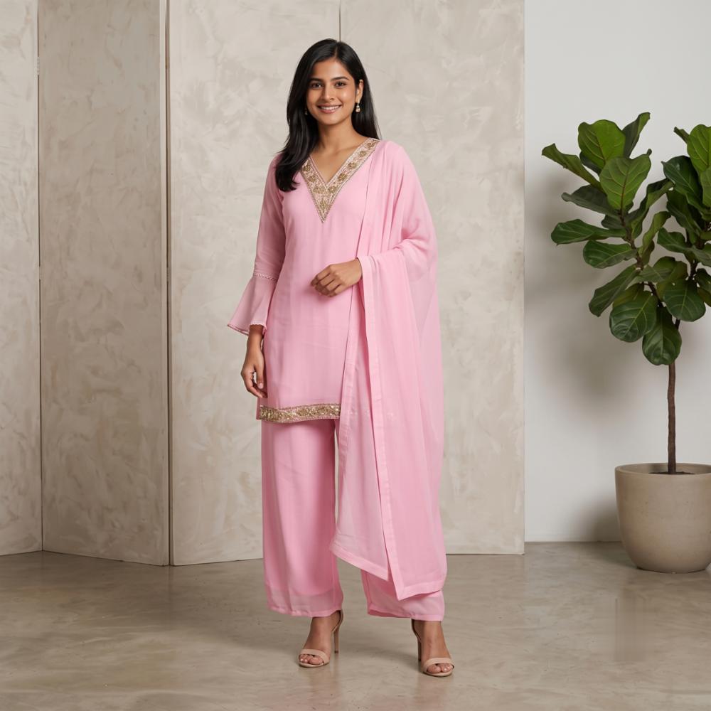 Elegant Light Pink Georgette Kurti with Gold Embroidery, Matching Pants and Dupatta Set