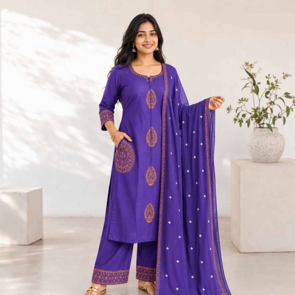 Womenâs Elegant Cotton Embroidered Purple Kurta Pant & Dupatta Set