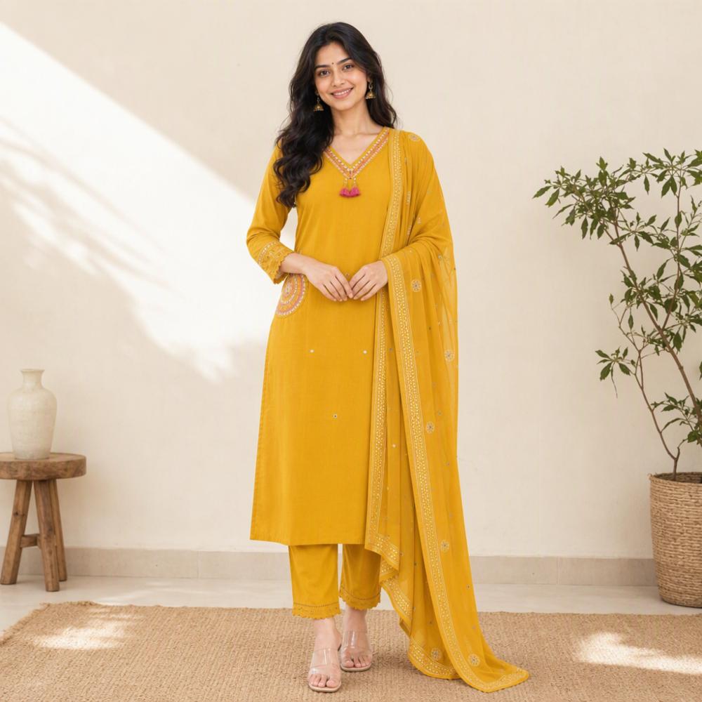 Women's Mustard Yellow Kurti, Pant & Dupatta Set â Jai-102