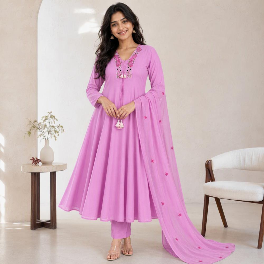 Women's Pure Cotton Pink Anarkali Kurti, Pant & Dupatta Set