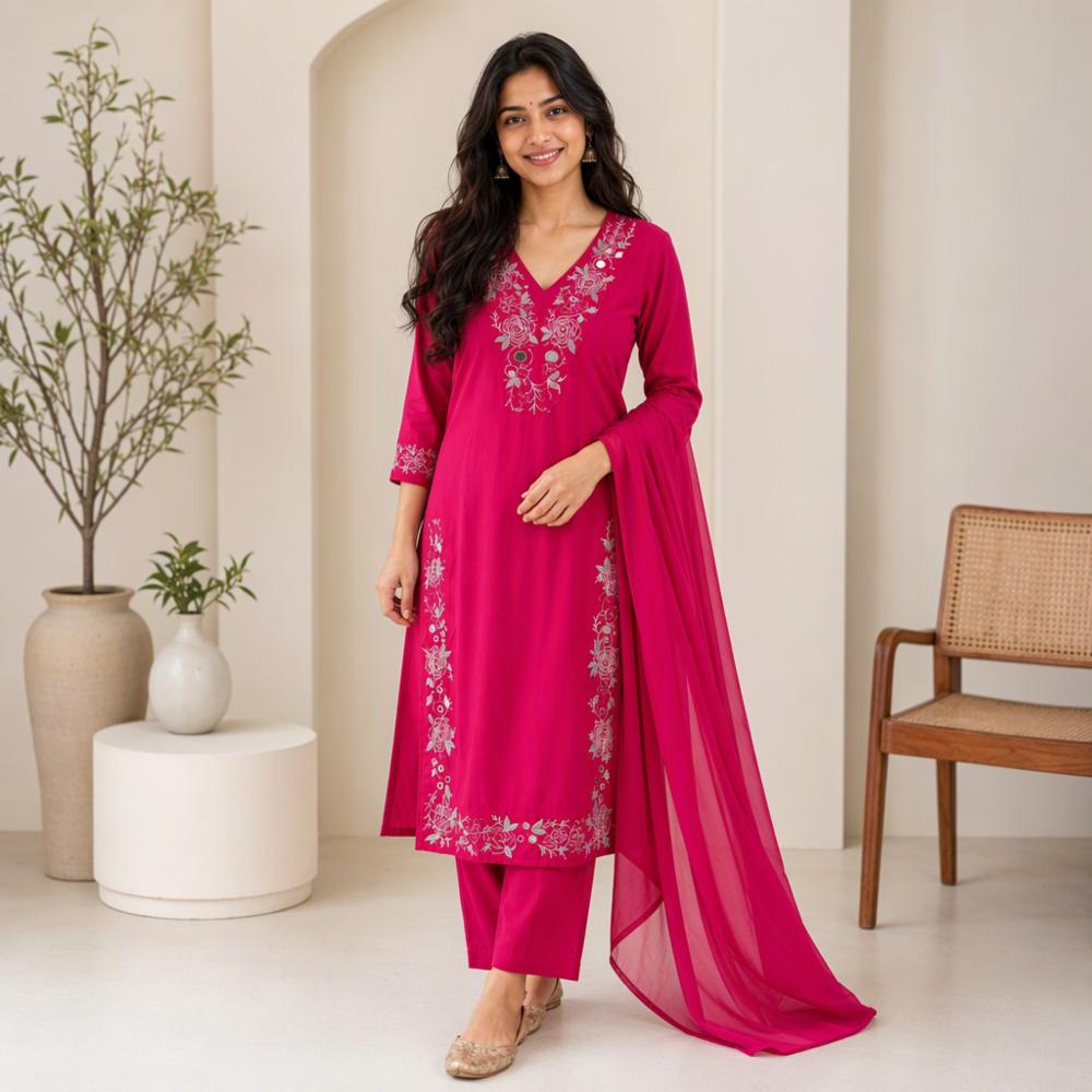 Womenâs Pure Cotton Pink Embroidered Kurti Pant Dupatta Set