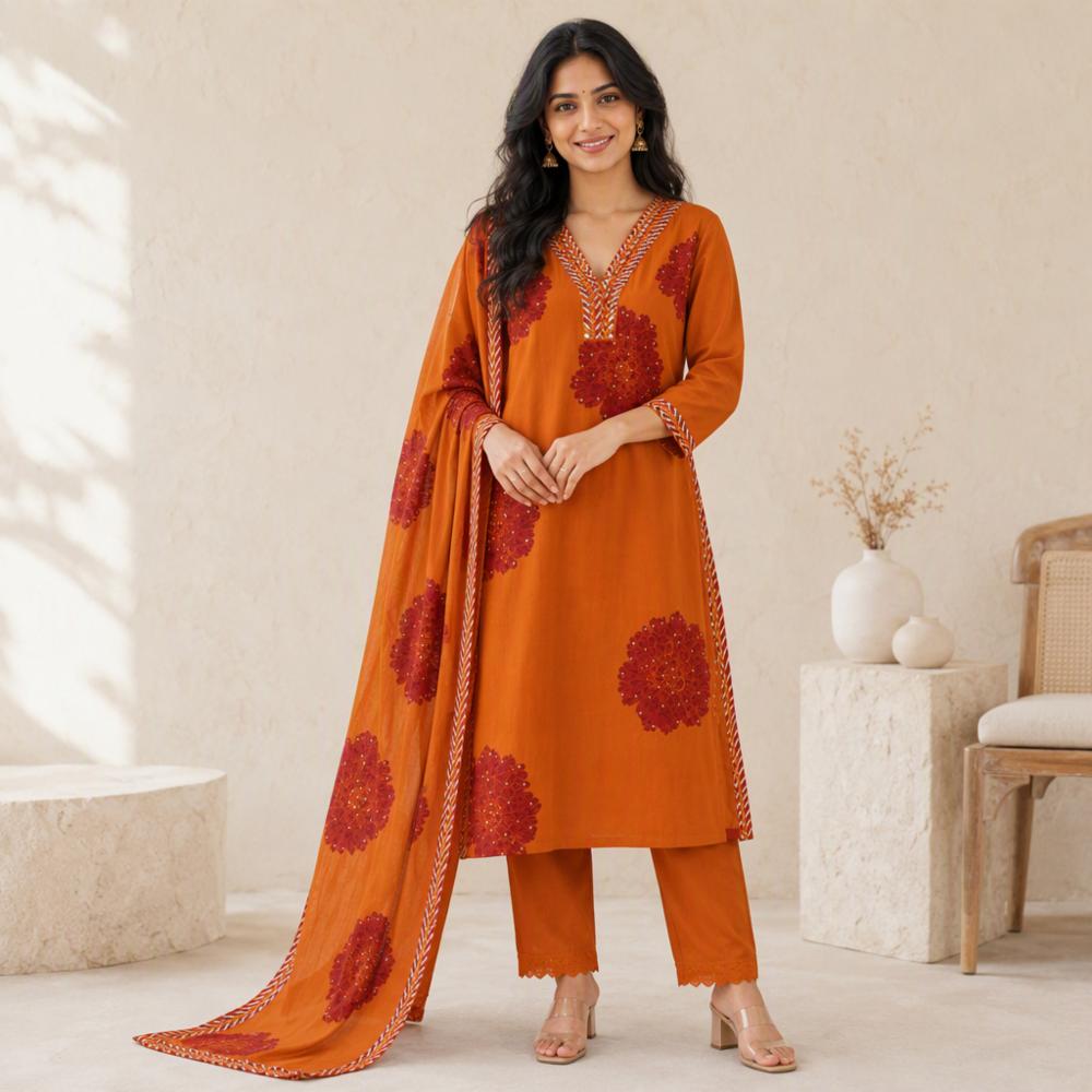 Women Pure Cotton Rust Orange Floral Kurta Pant Dupatta Set