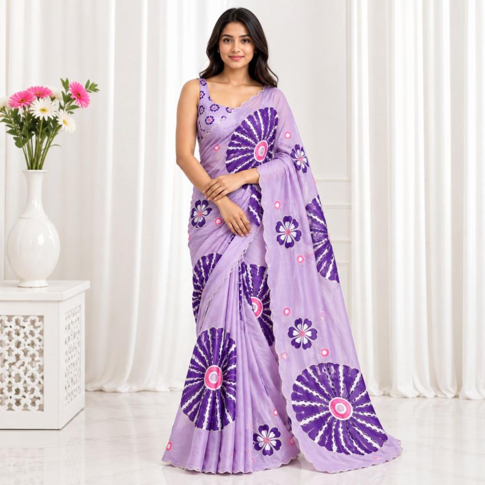 Soft Tebby Silk Saree with Digital Print and Aari Work