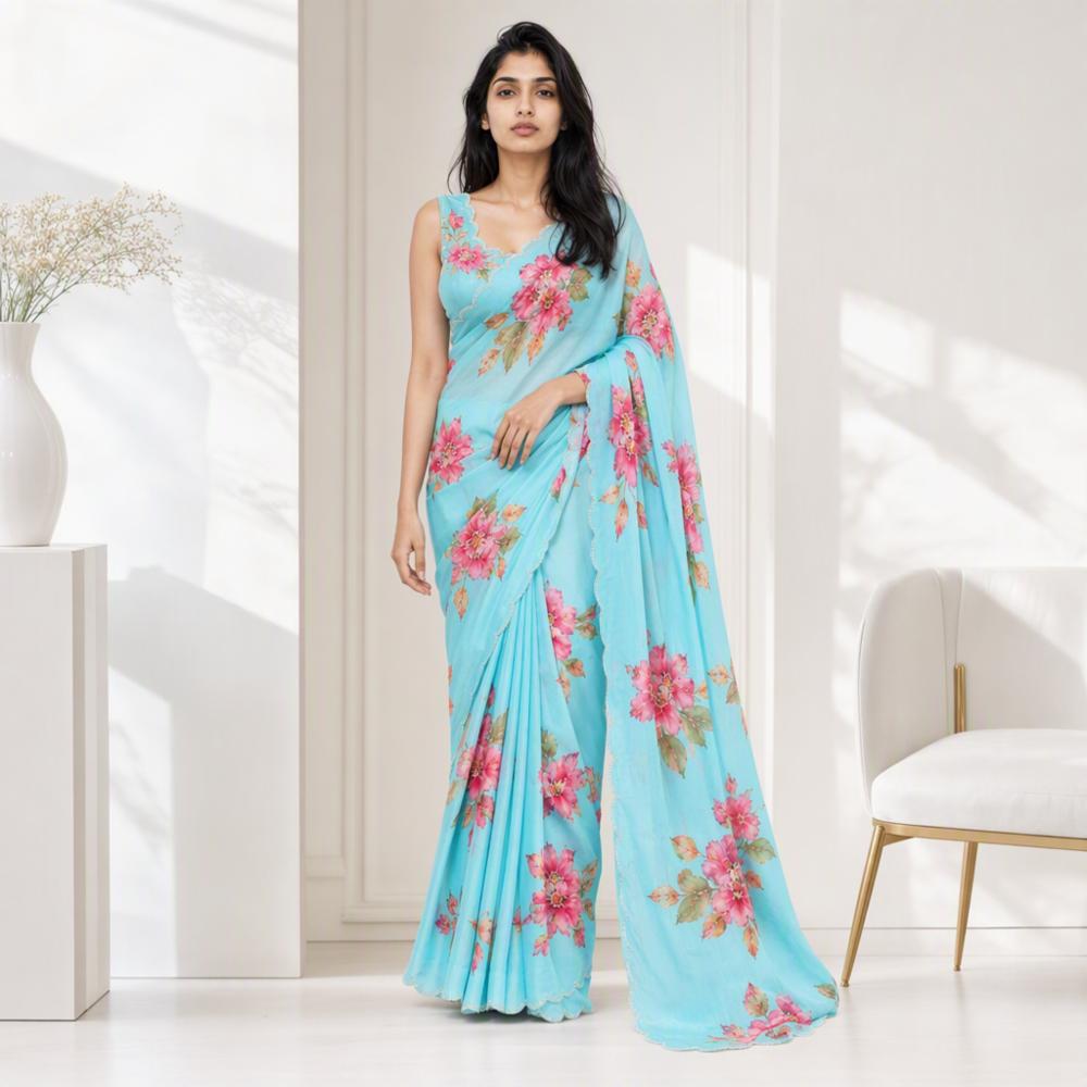 Pure Chinon Handwork Saree with Floral Print and Satin Silk Blouse