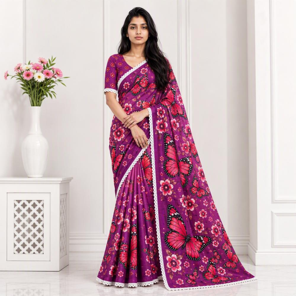 Soft Peding Linen Saree with Butterfly Print, Mirror Work