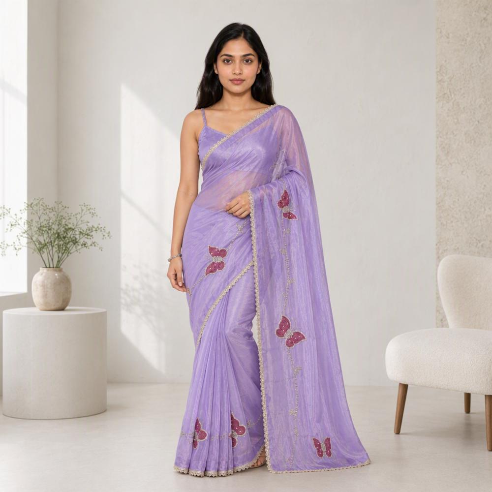 Premium Lavender Organza Saree with Butterfly Stone Work
