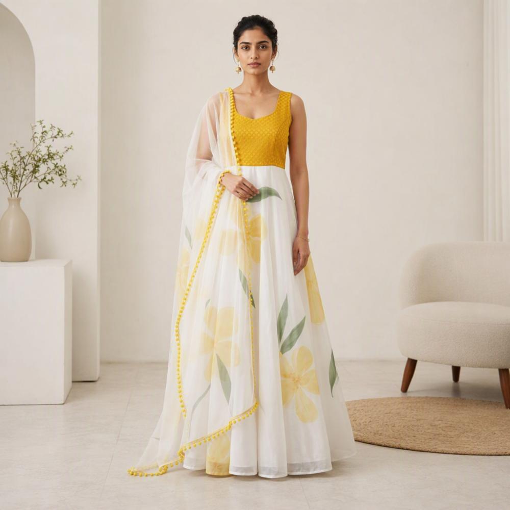 Organza Anarkali Suit with Dupatta and Pant, Yellow