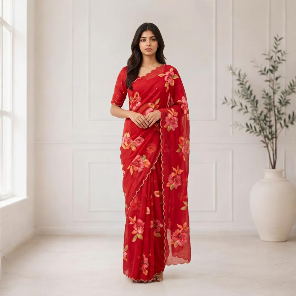 Pure Chinnon Handwork Saree with Flower Print and Handwork Blouse