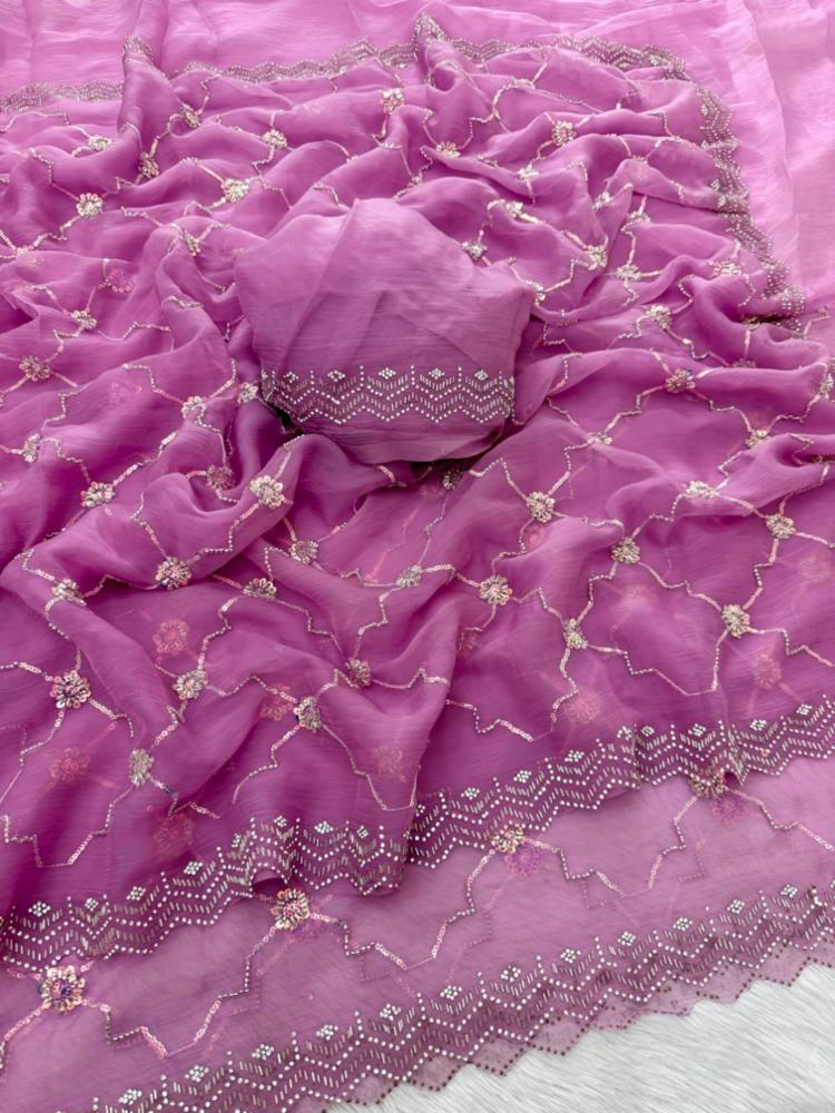 Heavy Sequence & Beads Embroidered Chiffon Saree with Blouse!