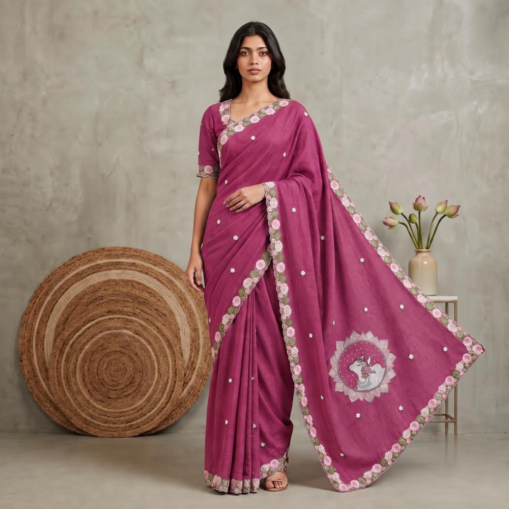 Pure Moss Saree with Floral Embroidery and Embroidered Blouse