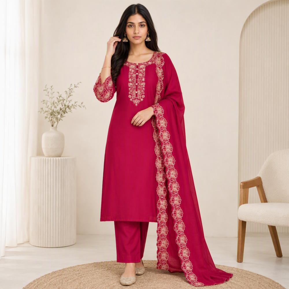 Womenâs Rani Pink Embroidered Kurta Pant Set