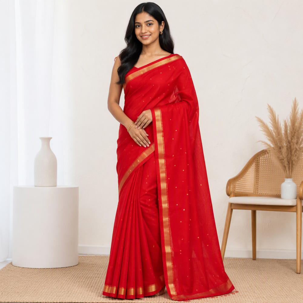 Mehroon Cotton Silk Saree with Golden Zari Butti Work and Border