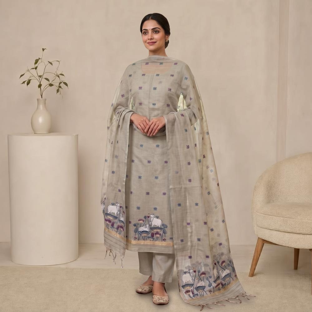 Muga Cotton Jamdani Banarasi 3-Piece Unstitched Salwar Suit Set