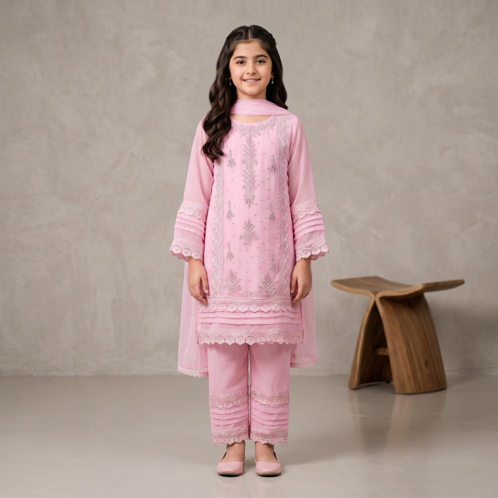 Girls Georgette Pakistani Style Kurta Set with Pant and Diamond Design Work