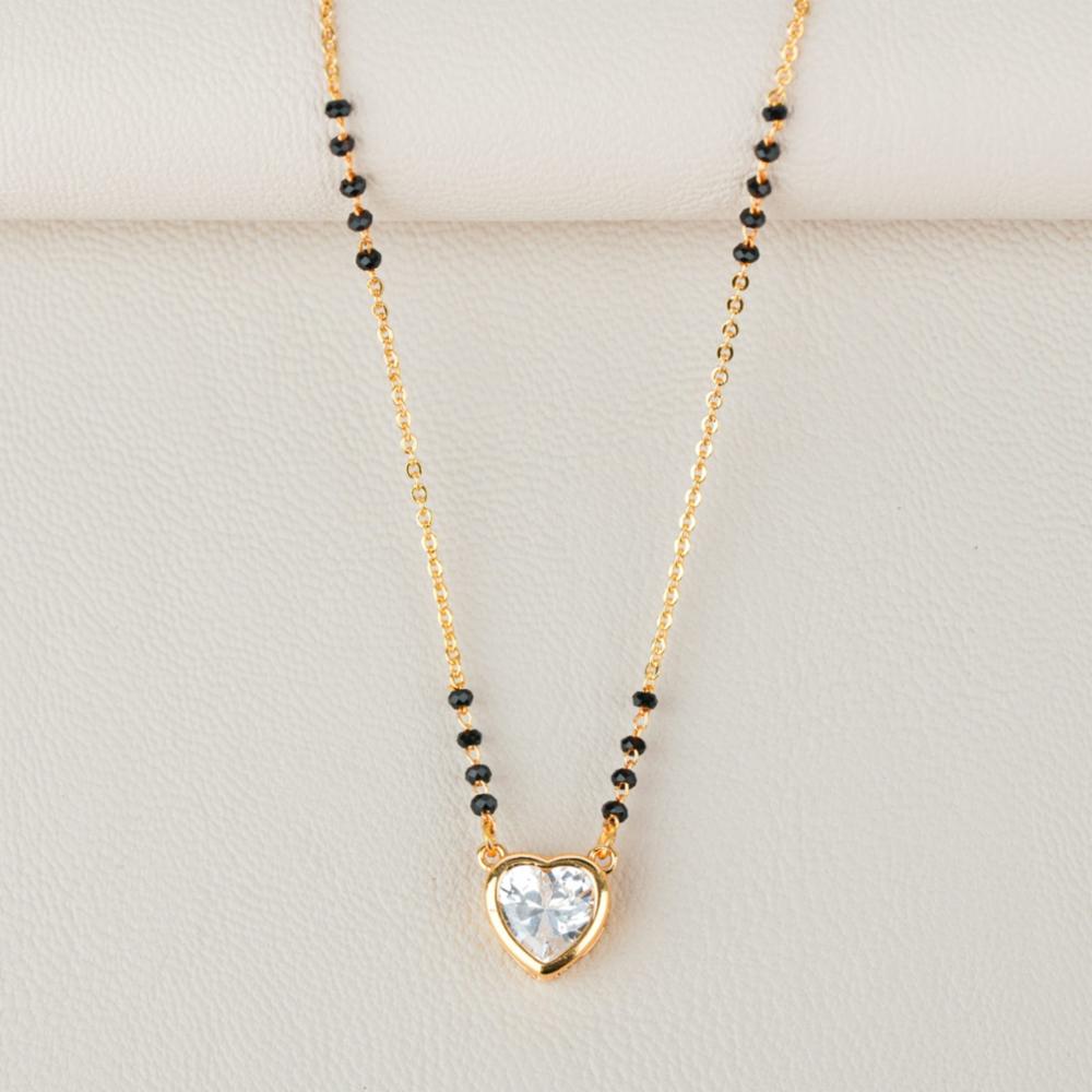 Gold-Finish Heart Pendant Mangalsutra for Women, Black Beaded Chain