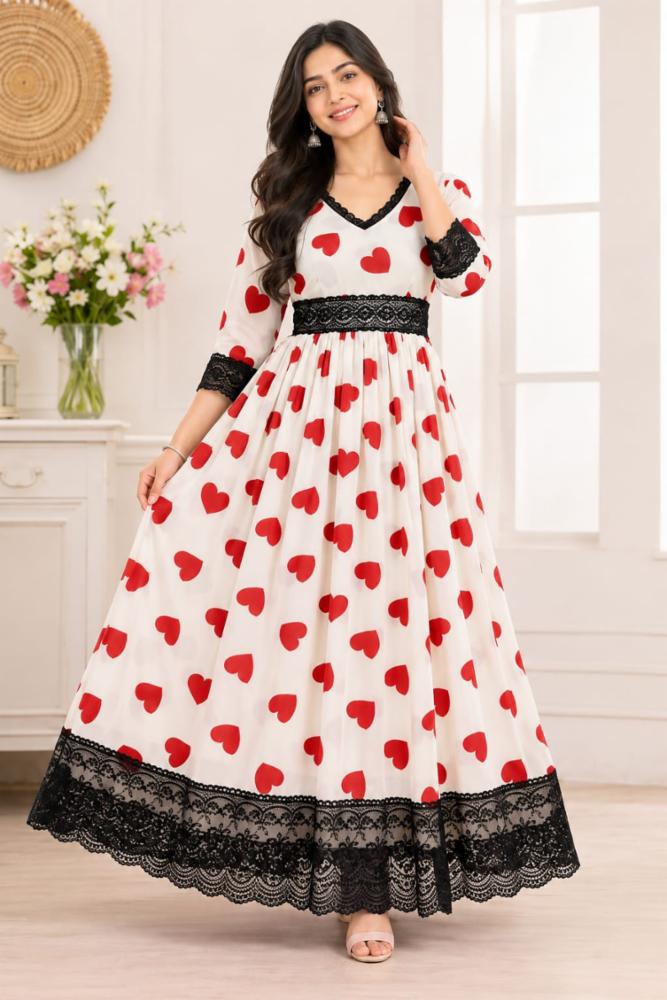 Georgette Anarkali Gown with Red Heart Print and Black Lace Border