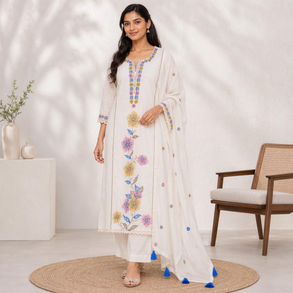 Ivory Floral Embroidered Cotton Kurta Pant Set with Dupatta
