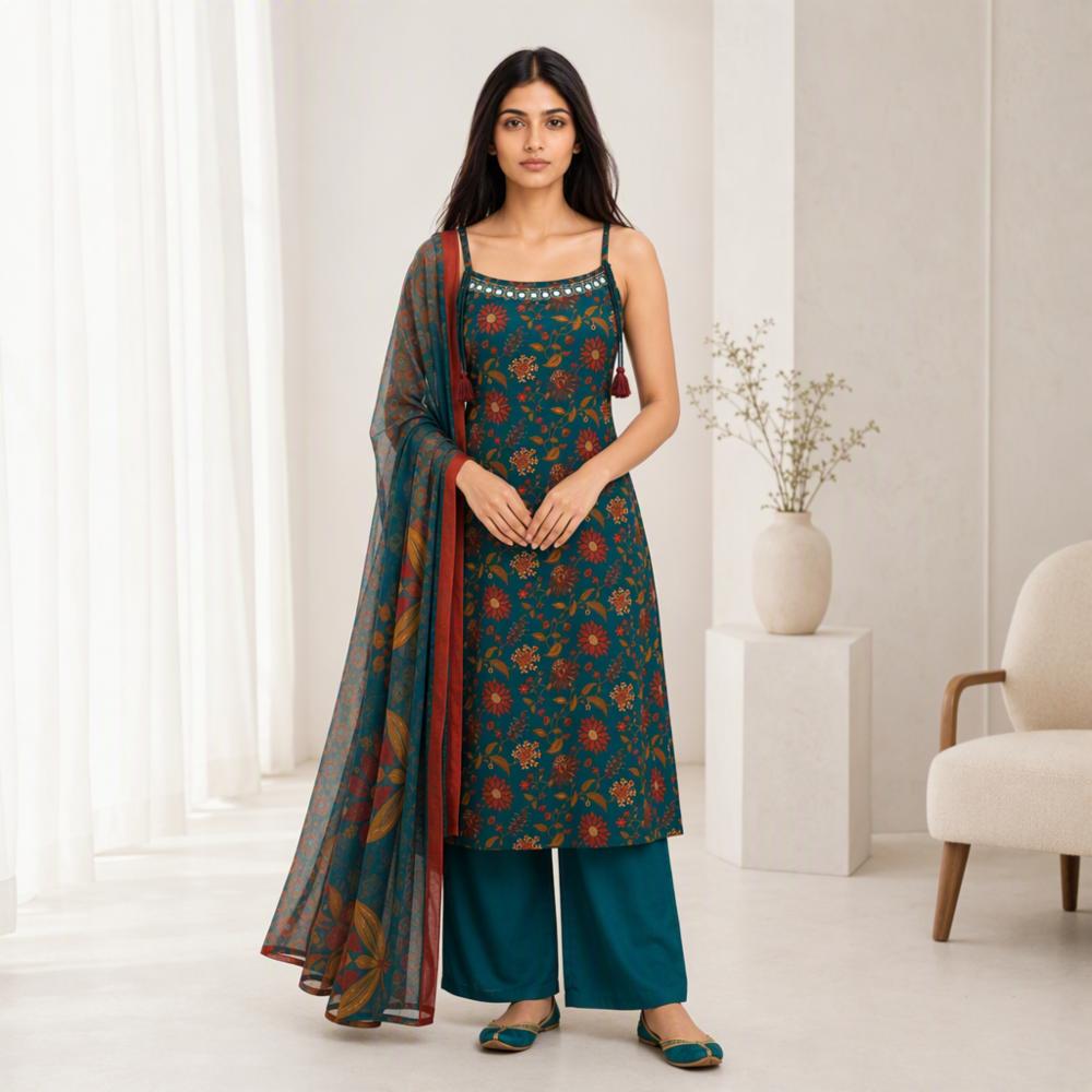 Teal Blue Floral Print Kurta Set with Palazzo and Dupatta