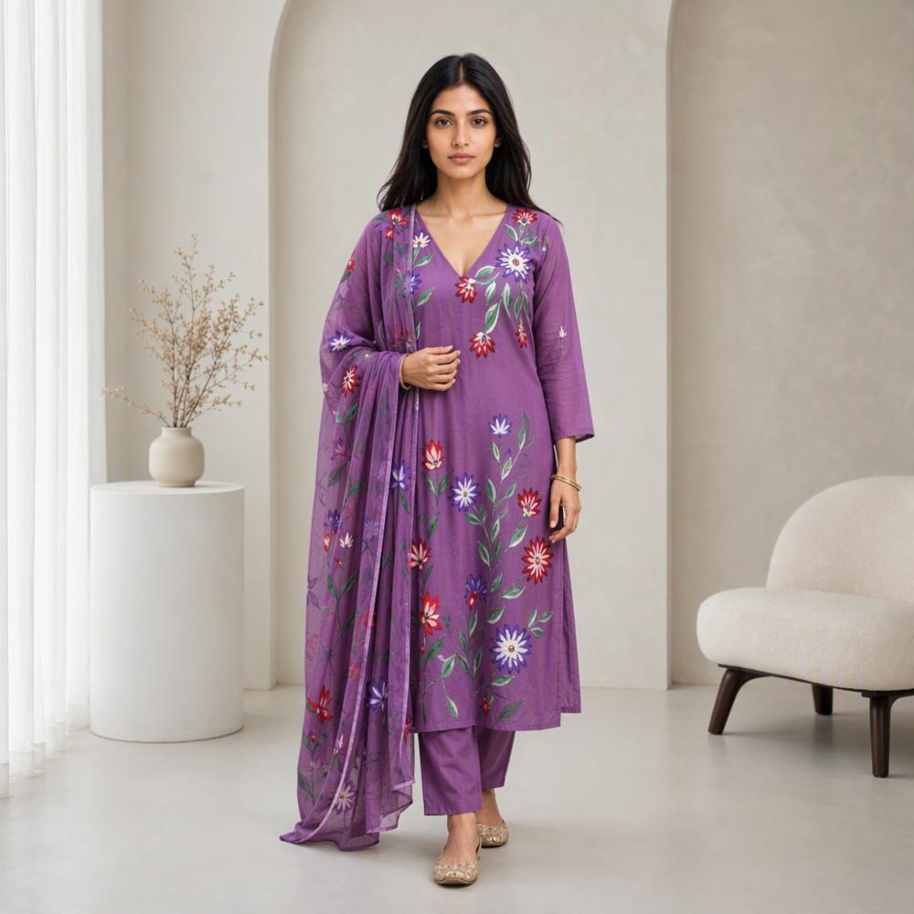 Purple Floral Printed Suit Set