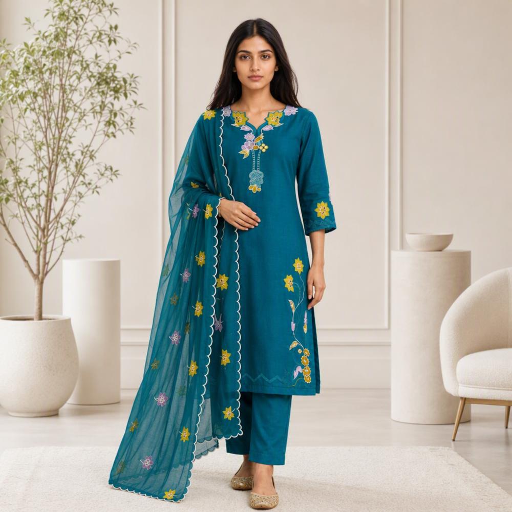 Teal Blue Floral Embroidered Suit Set