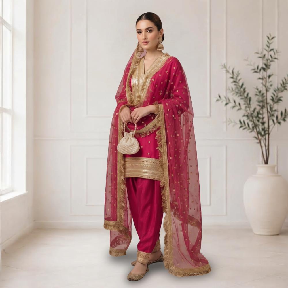 Viscose Satin Kurta Set in Fusion Pink with Net Dupatta